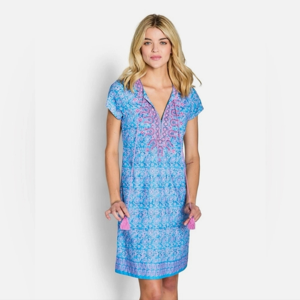 Bella Tu Amanda Beaded Embroidered 100% Cotton Shift Dress Tunic Small